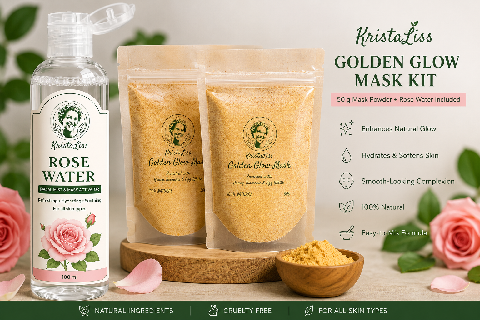 KristaLiss Golden Glow Mask Kit

50 g Mask Powder + Rose Water Included